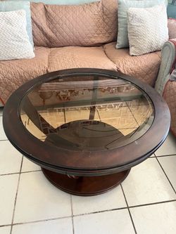 La Jolla Brown Veneer Round Cocktail Table with Glass Top