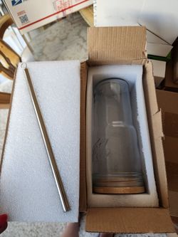 **Glass Can Cup with Bamboo Lid & Stainless Steel Straw – New**