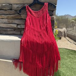 Red fringe dance performance leotard/costume women’s size small by Balera  Fabric: dress 92% nylon and 18% spandex Botis and insert 82% nylon and 18% 