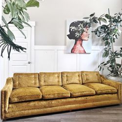 Vintage Mid Century Golden Yellow Tufted Velvet Pillowback 4-Seater Sofa Couch
