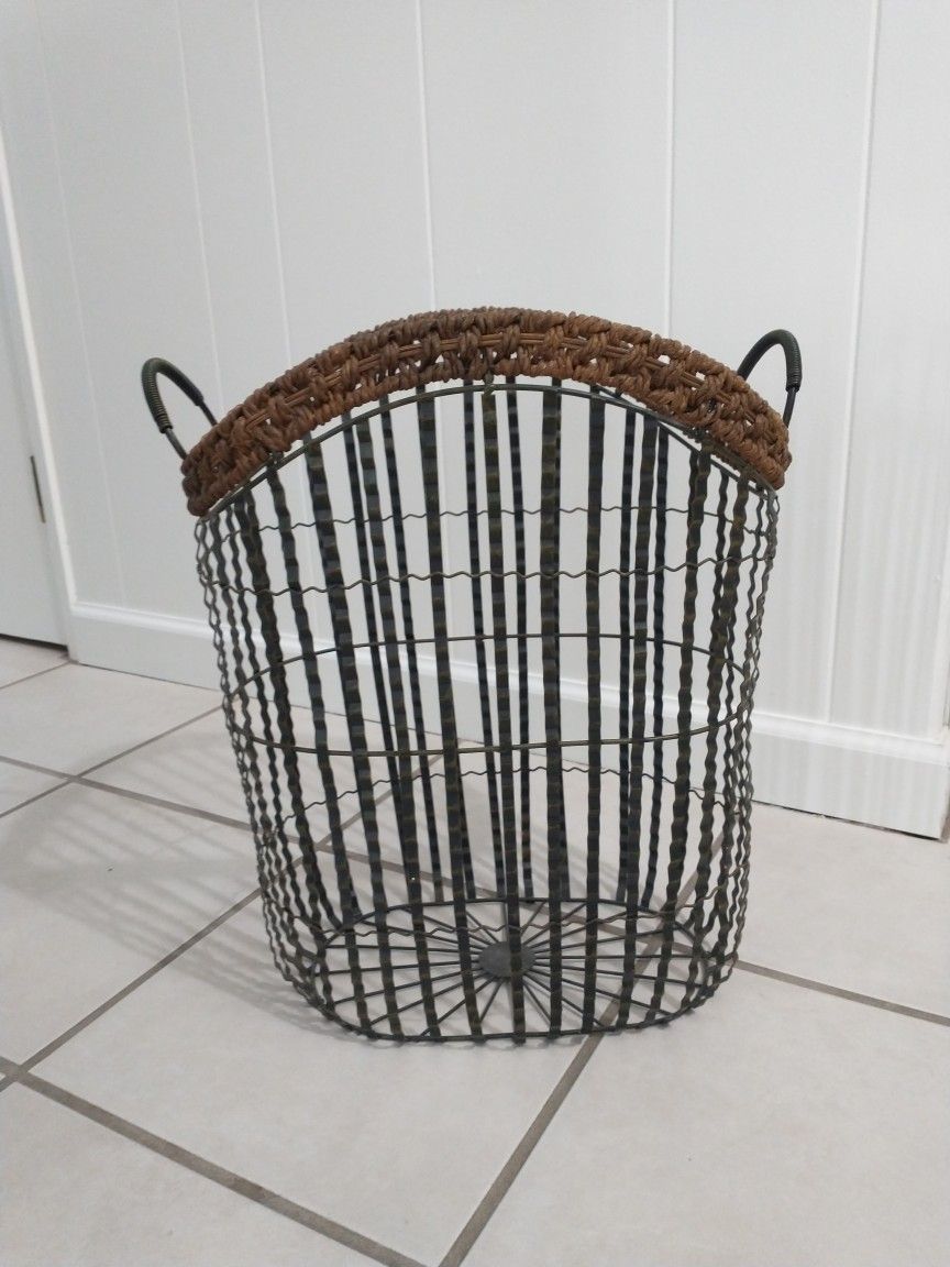 Antique Metal Basket With Wicker Braiding