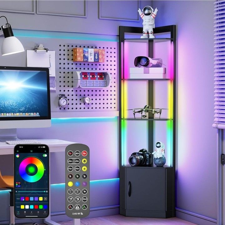 5-Tier Corner Shelf with RGB LED Light, 65" Tall Display Cabinet with Storage, Remote & APP Control