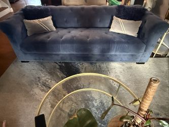 Navy Blue Velvet Tufted Sofa with Nailhead Trim – Plush & Stylish