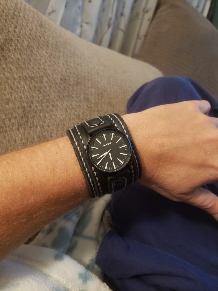 Mens Leather Watch Cuff Nixon Blk White Stitching
