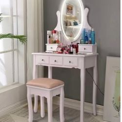 Makeup Vanity Desk and Stool Set,Mirror with Lights and 5-drawer Table Set for Bedroom