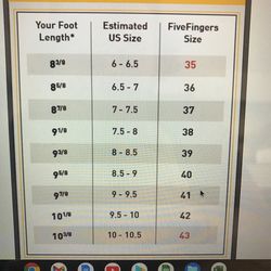 Vibram 5 fingers size hotsell chart