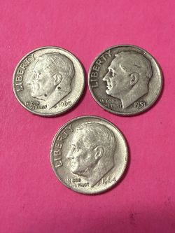 3 Roosevelt 90% Silver Dimes 1951, 1960, 1964