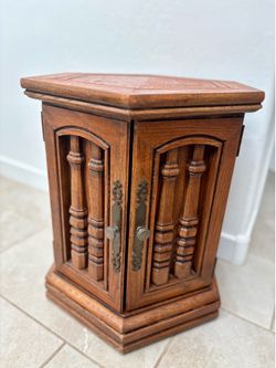 Solid Wood Hexagon Vintage End Table w/ Storage Cabinet