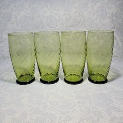 Set Of 4 Vintage Swirl Green Glass Anchor Hocking Textured Tumblers 7" MCM