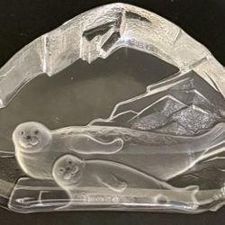 Nybro Sweden Art Clear Frosted Glass Signed Paperweight Baby Seal Mama Sea Lions