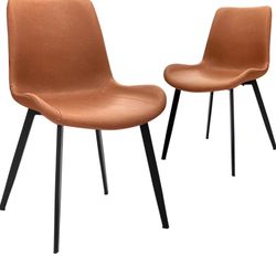 Modern ‎Faux Leather Dining Chairs, PU Cushion Seat Back，Metal Legs for Kitchen Dining Room Side Chair, Set of 2, Brown