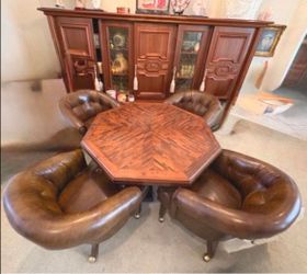 MCM Mid-century Wood Inlay Table with 4 Chairs on Casters