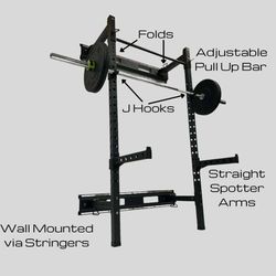 HulkFit Pro Series Wall Mounted Folding Squat Rack and Power Rack with Pull Up Bar & J Hooks