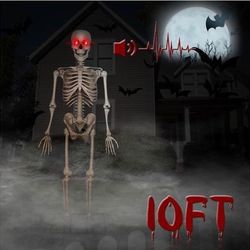 10 ft Halloween Skeleton Decoration Full Size Body Outdoor Yard Skeleton with Light up Eyes Creepy Sound and Movable Joints Realistic Poseable Human B