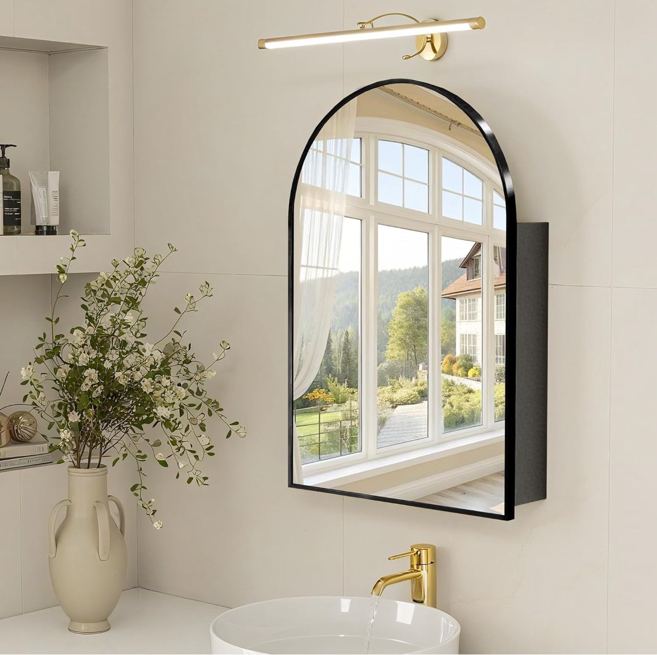 Bathroom Mirror with Storage,Arched Medicine Cabinet with Mirror,Medicine Cabinet Wall Mount,Black Bathroom Vanity Mirror with Storage,Adjustable Shel