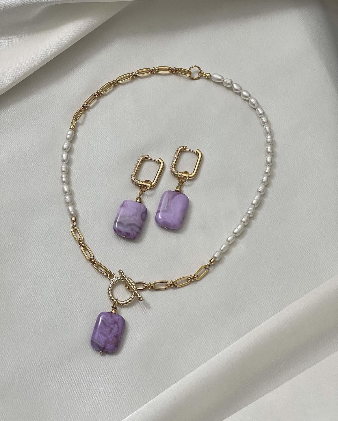 Chain & Fresh Water Pearl Necklace Set with Amethyst Ocean Rectangle 22 mm and Real 18K gold plated Earrings - White & Gold & Lilac - Handmade Necklac