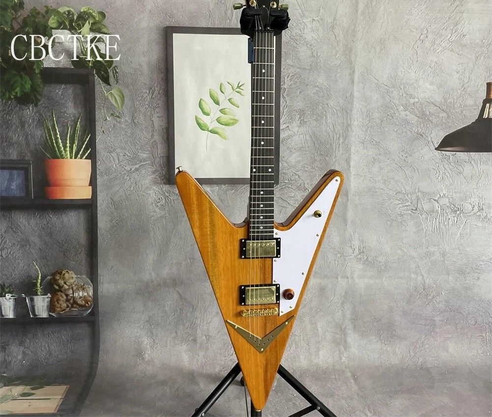 Custom Yellow Flying V Electric Guitar HH Pickups Mahogany Neck String Thru Body