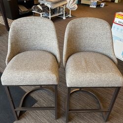 Leick Home Barrelback Counter Stool with Gray Linen Seat and Espresso Metal Base