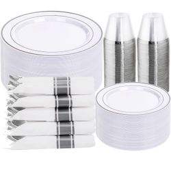 350PCS Silver Plastic Dinnerware Set for 50 Guests, Fancy Disposable
