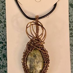 Hand-Crafted (20) Wire-Wrapped Pendant. Bronze Wire/Moss Green Cabochon