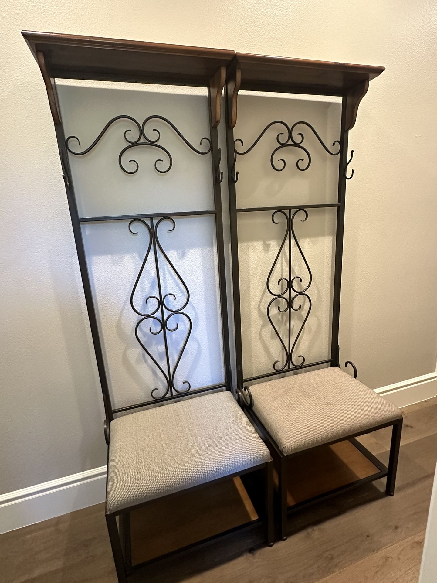 Beautiful Wrought Iron Hall Tree w/Cushioned Bench and Shoe Rack - Set