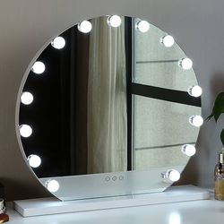Lighted Hollywood Makeup Round Desktop with Lamp LED Dressing Mirror with 3 Color Lighting Modes and Touch Sensor (White 60 * 55 cm)