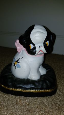 Vintage Cast Iron Bank Puppy sitting on pillow