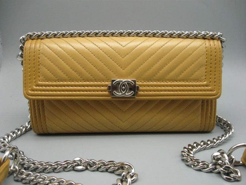 Chanel Yellow Mustard Chevron Lambskin Leather CC Long Boy Wallet 