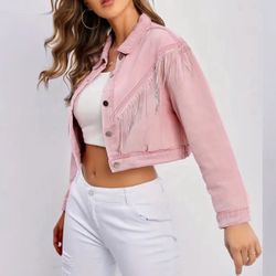 Rhinestone F ringe Decor Denim Jackets, Long Sleeves Single-Breasted Button