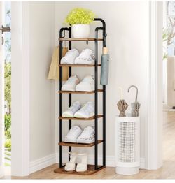 Hzuaneri 6 Tiers Vertical Shoe Rack, Narrow Shoe Tower, Tall Shoes Shelf with 2 Hooks, Adjustable Shelves, Corner Shoes Shelves for Small Spaces, Entr