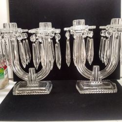 Vintage Mid-century Art Deco Candlestick Holders With Hanging Crystal Prisms Read Description