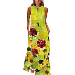 Maxi Beach Dresses for Women Flowy Dress Loose Travel Dress Cute Sundress Sleeveless Casual Dress