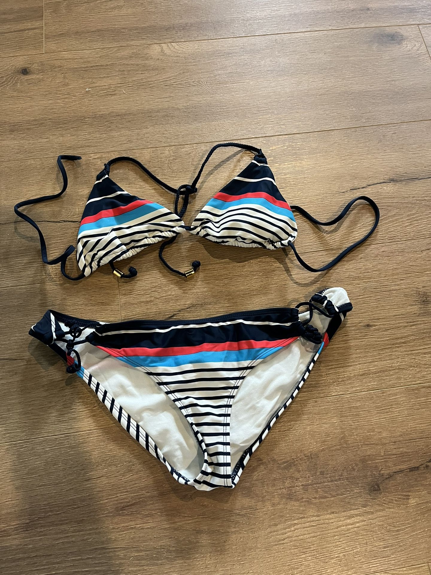 Women’s Navy Blue & Red Striped Bikini Swimsuit / Two-Piece Top And Bottom - Size Medium