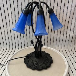 Meyda Pond Lily 16" Accent Lamp Frosted Blue Glass Table Floral Tiffany Style