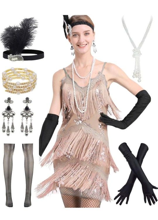 Women's Flapper Dress 1920s Gatsby Tassel Sway Dance Cocktail Dress with 20s Accessories Set