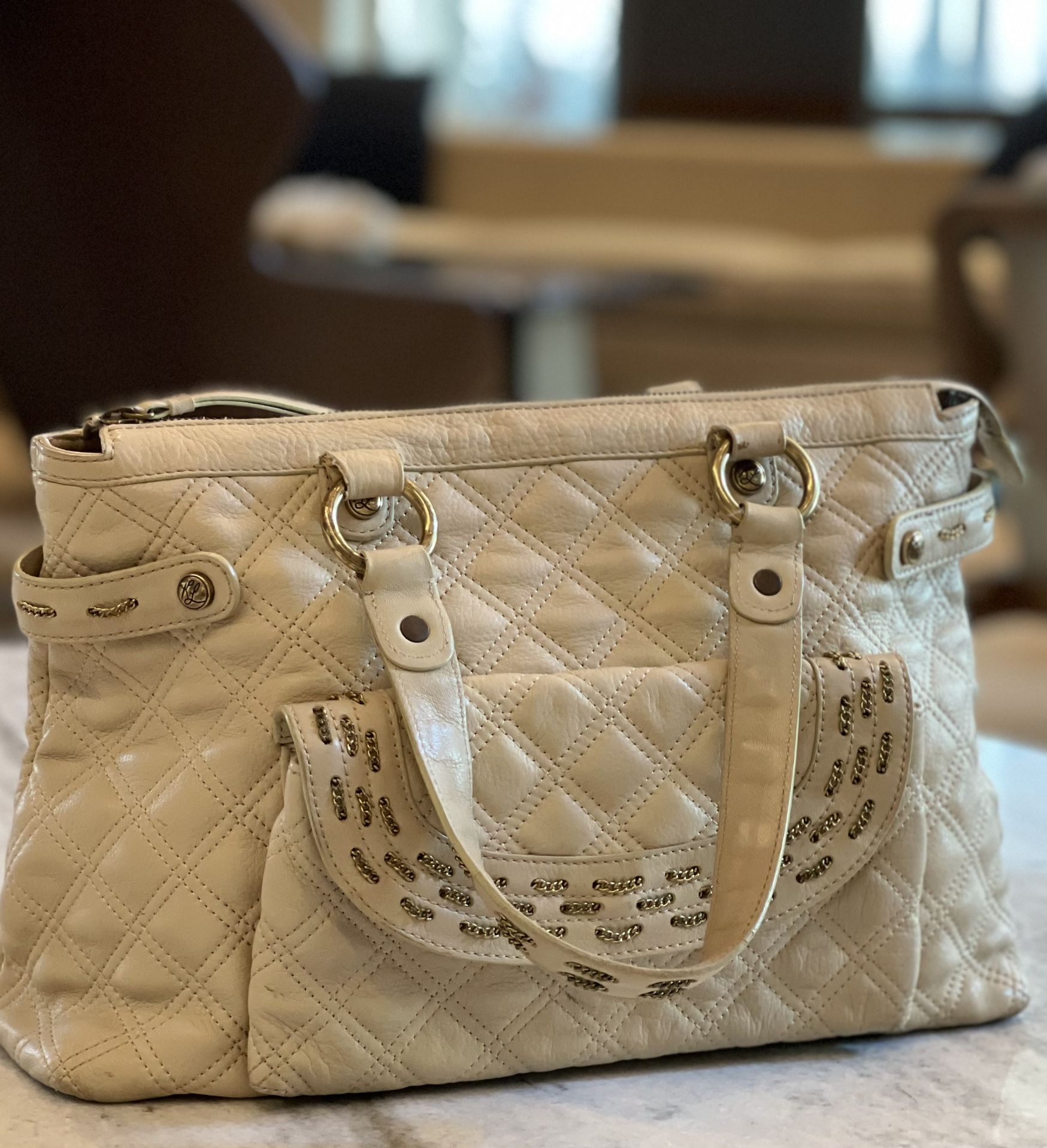 Kate Landry Leather Shoulder/Satchel Cream/Tan Purse Handbag Chain Accents