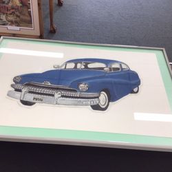 Vintage Blue Convertible Car Large Framed Art 💵  💳  💵  Cash and Card Accepted