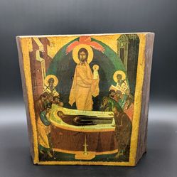 Vintage Handcrafted Russian Orthodox Wall Art: Dormition of the Virgin