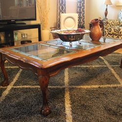 Vintage Solid Oak Coffee Table with Glass Insets & Claw Feet