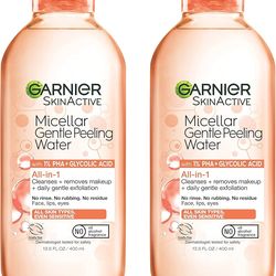 Garnier SkinActive Gentle Peeling Micellar Water with 1% PHA and Glycolic Acid, Face Exfoliant, Facial Cleanser and Makeup Remover, 2 Pack