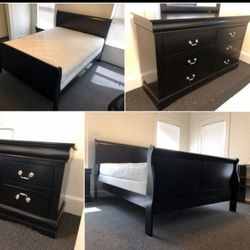 Brand New/ Black Sleigh Bedroom Set, Bed, Nightstand, Dresser, Mirror// Mattress Sold Separately 