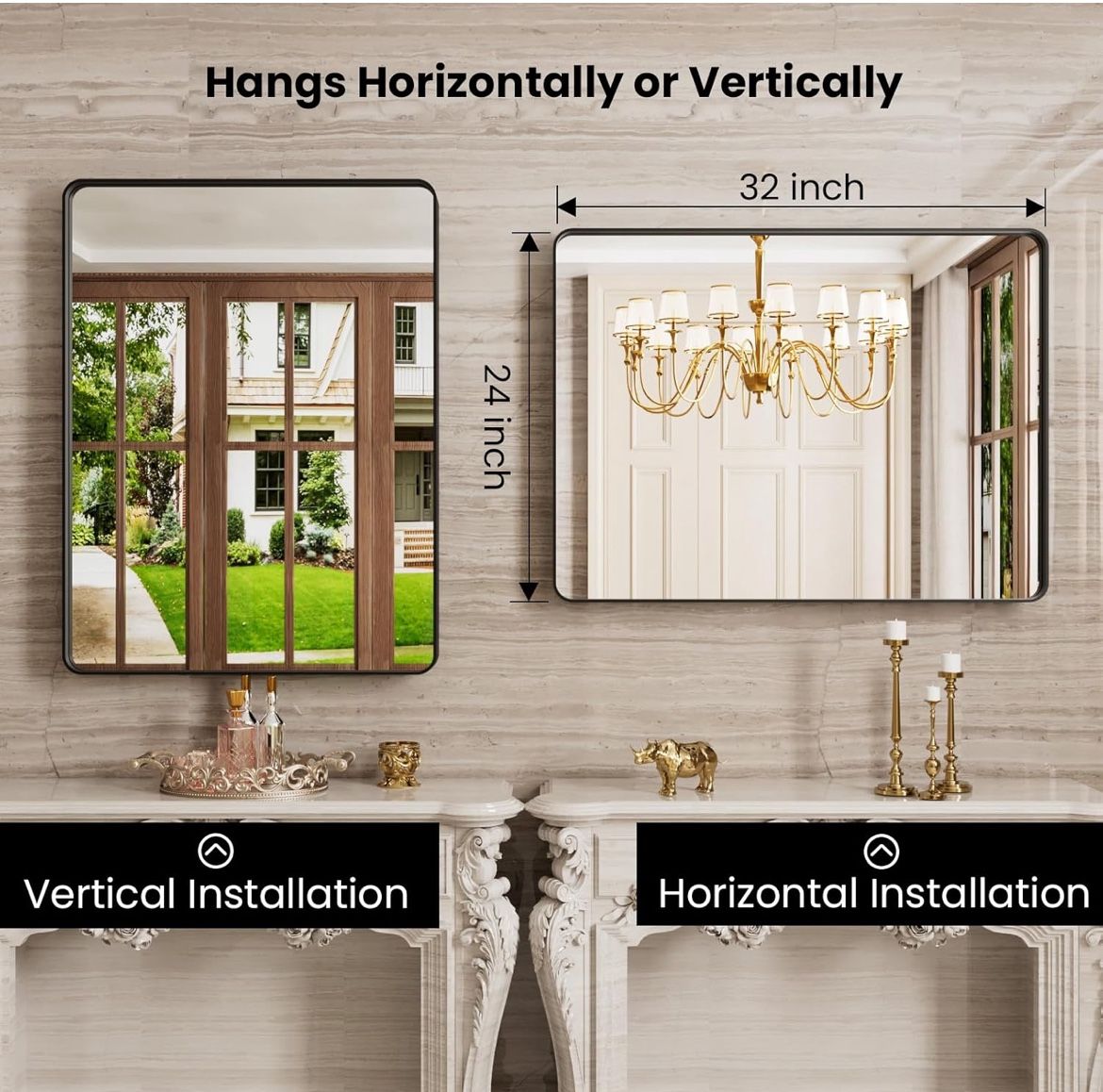 24”x32” Black Metal Framed Wall Mirror – Modern Rectangular Bathroom Vanity Mirror with Rounded Corners, Shatterproof Tempered Glass, Anti-Fog & Easy