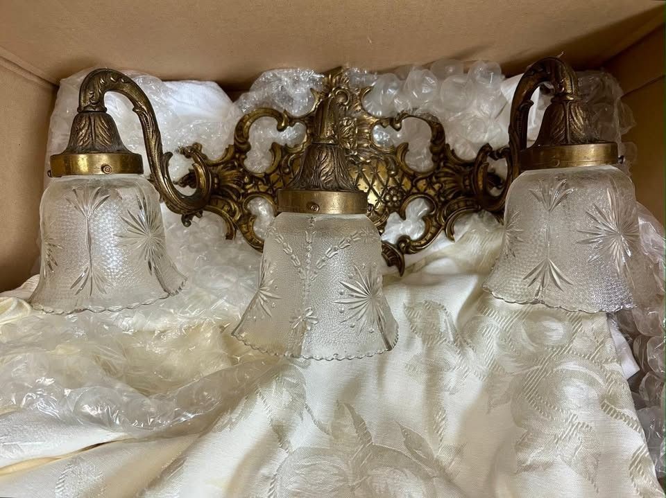 antique etched glass and brass sconce