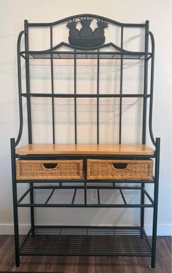 Beautiful Vintage Iron Wicker and Solid Wood Bakers Rack — MUST GO ASAP!!