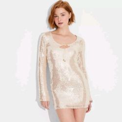Women's Long Sleeve Sequin Mini Shift Holiday Dress - Wild Fable Champagne Sz S