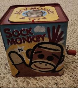 Sock Monkey Jack-in-the-Box Tin Toy
