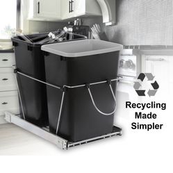 Sliding Pull Out Double Trash Bins 35 Quart Kitchen Cabinet Black