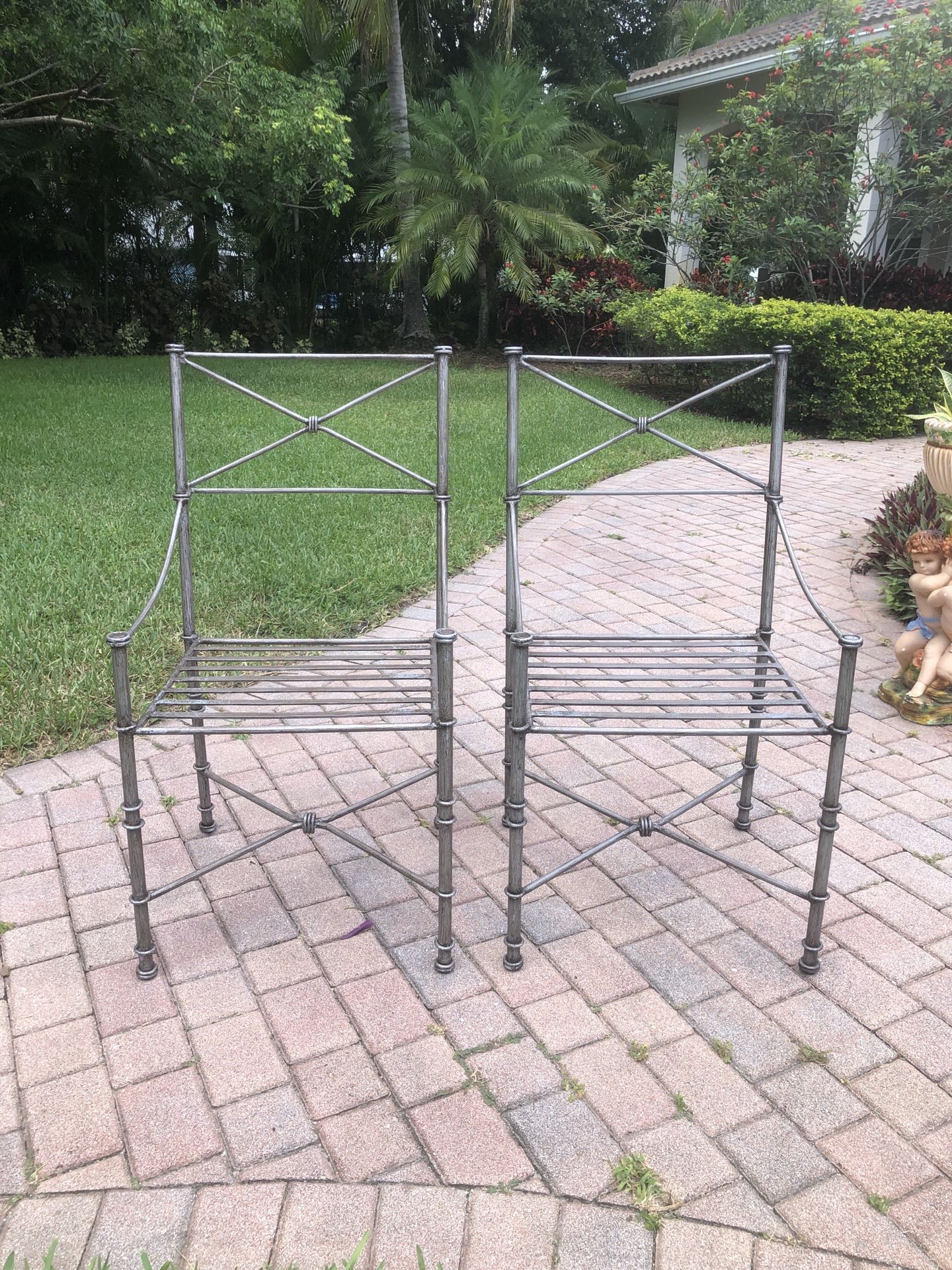 Vintage Pier 1 Medici Pewter Wrought Iron Dining Side Chairs / A Pair