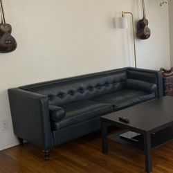 Green Faux Leather Sofa – Tufted, Detachable 