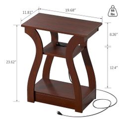 Cherry End Table w/ Charging Station – 3 Tier Nightstand Storage Shelf, Living Room Side Table